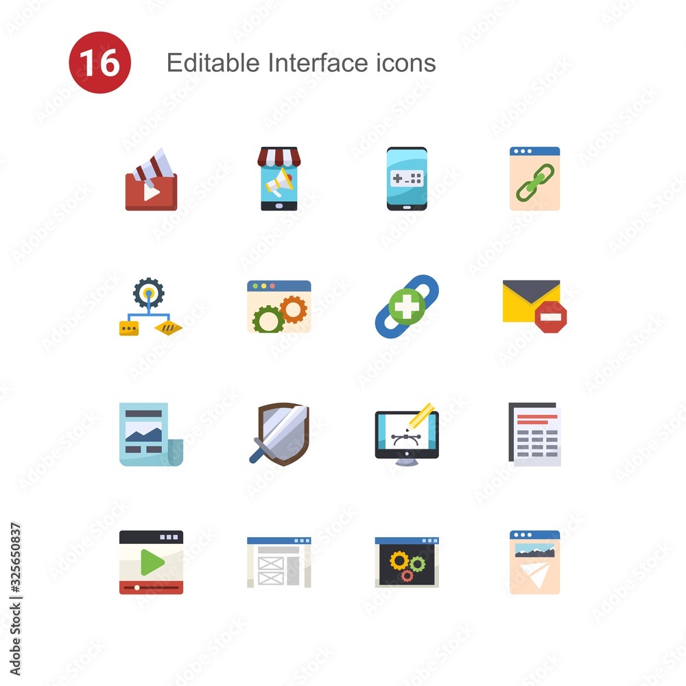 16 interface flat icons set isolated on . Icons set with Video marketing, Mobile marketing, Mobile game, Algorithm, Website optimization, link building, News Feed, RPG icons. 16 interface flat icons set isolated on . Icons set with Video marketing, Mobile marketing, Mobile game, Algorithm, Website optimization, link building, News Feed, RPG icons.