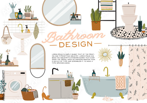 Stylish Scandinavian bathroom interior - bidet, tap, bath, toilet, sink, home decorations. Cozy modern comfy apartment furnished in Hygge style. Vector illustration