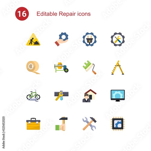 16 repair flat icons set isolated on . Icons set with construction works, Services, Electrical service, Scotch tape, concrete mixer, paint roller, bike repair service, Plumbing service icons.
