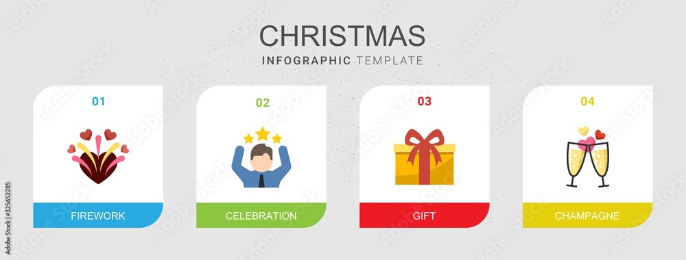 4 christmas flat icons set isolated on infographic template. Icons set with firework, celebration, gift, champagne icons.