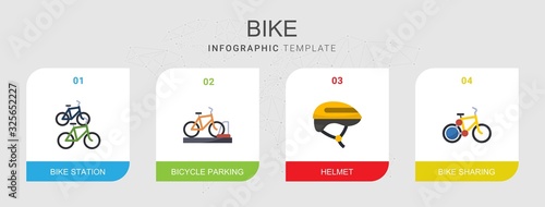 4 bike flat icons set isolated on infographic template. Icons set with bike station, bicycle parking, Helmet, bike sharing icons.