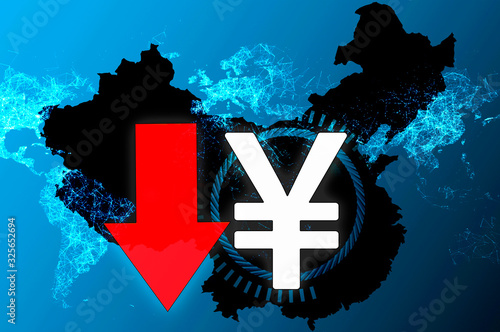 Canvas Print Chinese yuan, the crisis in China. Map of the world and China.