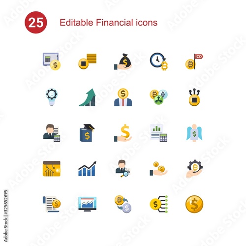 25 financial flat icons set isolated on . Icons set with rent deposit, Tokens, Deposit, fintech innovation, growth, Entrepreneurship, Accountant, Business education, investment icons.