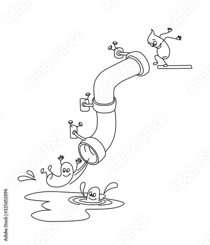 cute poops having fun and sliding down a sewer pipe, water slide conception, funny caricature,  vector illustration with black contour lines isolated on white background in hand drawn & cartoon style