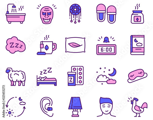Sleep and insomnia color linear vector icons set.