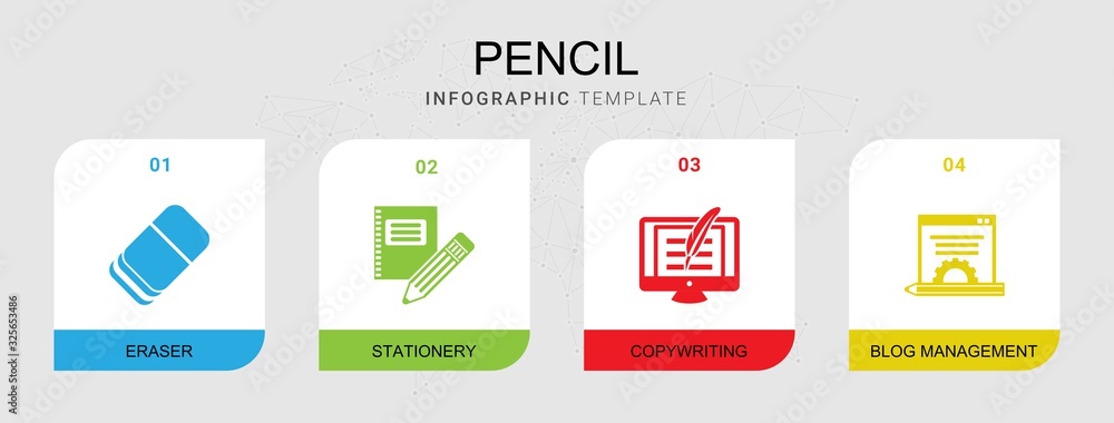 4 pencil filled icons set isolated on infographic template. Icons set with Eraser, Stationery, Copywriting, Blog management icons. 4 pencil filled icons set isolated on infographic template. Icons set with Eraser, Stationery, Copywriting, Blog management icons.