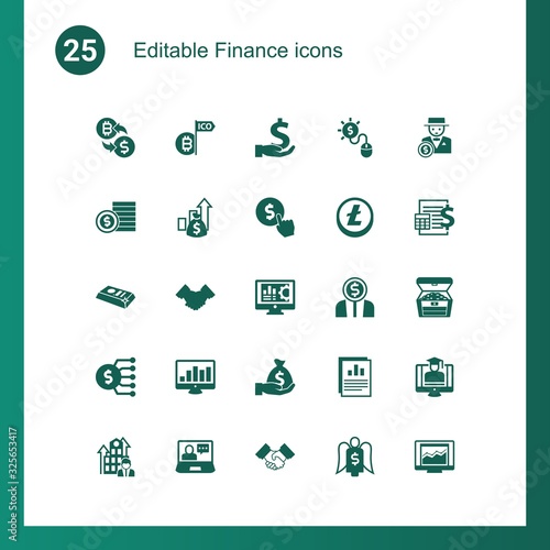 25 finance filled icons set isolated on . Icons set with crypto-exchange, Initial Coin Offering, investment, bet, Asset, Cost per click, gold bar, partnership, Accounting software icons.