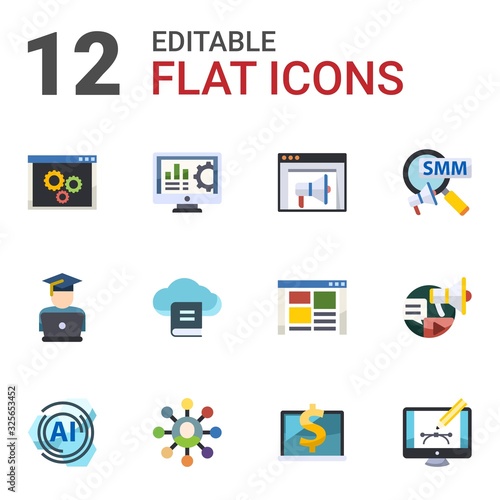 12 banner flat icons set isolated on white background. Icons set with back end, Accounting software, Banner Ads, eCommerce website, Email Marketing, Social Marketing, AI Pattern icons.