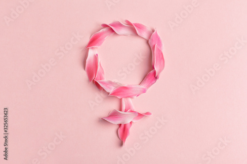 Gender Venus symbol made of beautiful flower petals on candy pink background, woman sign