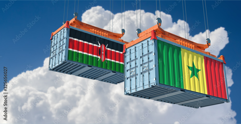 Freight container with Senegal and Kenya flag. 3D Rendering