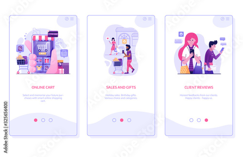 Online Shopping Mobile App Onboarding Screens in Flat