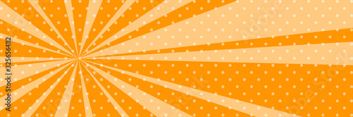 Cartoon retro pop art banner with sunbeam, dots on an orange banner and the sun's rays , vector illustration