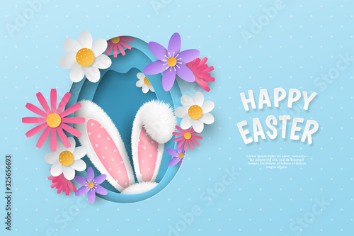 Plakat Vector cute festive horizontal banner with layered cut out paper egg, realistic 3D fur ears of bunny and flowers on blue background. Holiday childish template with text Happy Easter for greeting card.