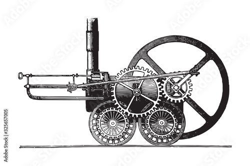 Old locomotive (1804) / vintage illustration from Brockhaus Konversations-Lexikon 1908