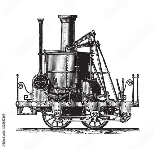 Old locomotive - Atlantic (1832) / vintage illustration from Brockhaus Konversations-Lexikon 1908