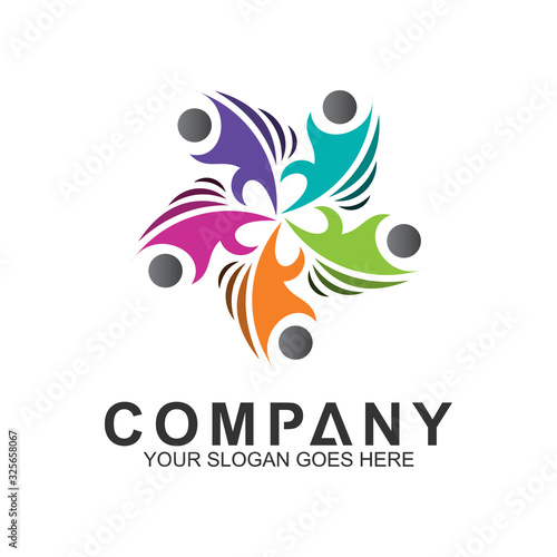community care vector, people group, social relationship icon, charity symbol, human caring, kids and adoption logo, people teamwork, colorful and circular people logo design template