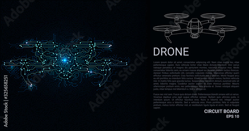 Circuit Board in the form of a drone. Microchip drone background. High-tech vector illustration of a drone made of chips. Electronic board.