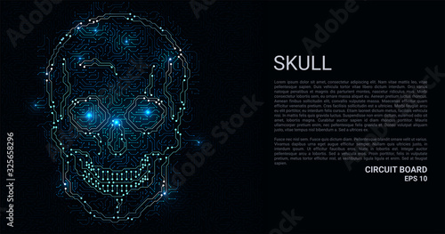 Circuit Board in the shape of a skull. Microchip skull background. High-tech vector illustration of a skull made of chips. Electronic board. photo