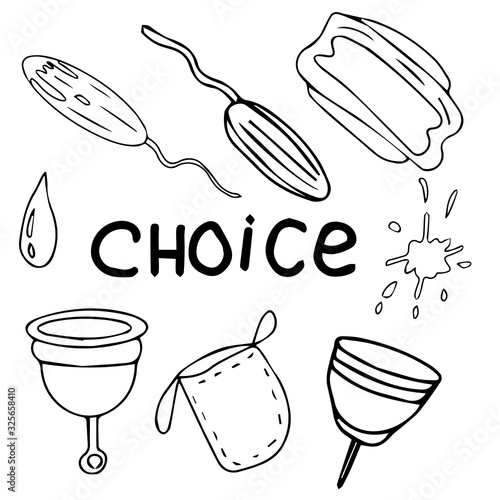 Doodle style set on an isolated white background. Choice, swab, pad, menstrual cup. Women's hygiene and menstruation. Zero waste. Stock vector illustration