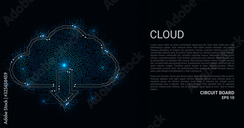 A circuit Board in the form of a cloud. Microchip cloud with arrow background. High-tech vector illustration of a cloud of chips. Electronic board.