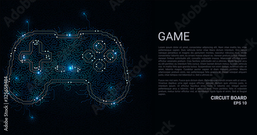 Circuit Board in the form of a game. Microchip gamepad background. High-tech vector illustration of a game made of chips. Electronic board.