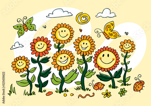 Vector yellow colourful cartoon sunflowers illustration. Suitable for greeting cards and wall murals.