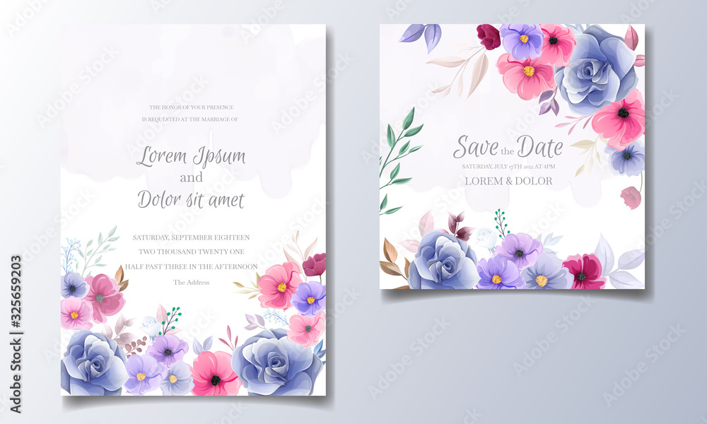 Fototapeta Colorful hand drawn floral wedding invitation card