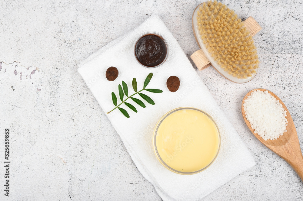 Flat lay on eco cosmetics. Flat layout with accessories, spa cosmetics, bath salt, cream and towels. Skin care product, natural cosmetics, flat styling. Flat lay on eco cosmetics. Flat layout with accessories, spa cosmetics, bath salt, cream and towels. Skin care product, natural cosmetics, flat styling.