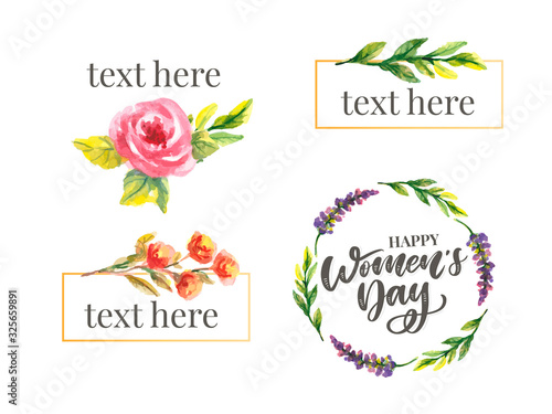Woman s Day text design with flowers and hearts on square background. Vector illustration. Woman s Day greeting calligraphy design in pink colors. Template for a poster, cards, banner. © 1emonkey