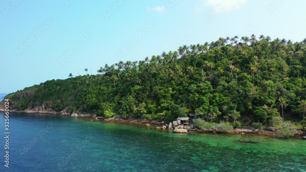 beautiful aerial panorama of the tropical island with palms and white sand beach, perfectly clean turquoise sea water beautiful aerial panorama of the tropical island with palms and white sand beach, perfectly clean turquoise sea water