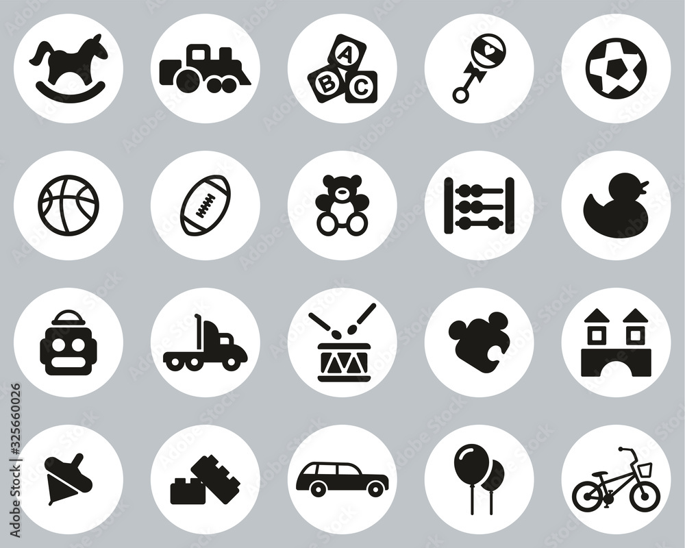 Toys Icons Black & White Flat Design Circle Set Big Toys Icons Black & White Flat Design Circle Set Big