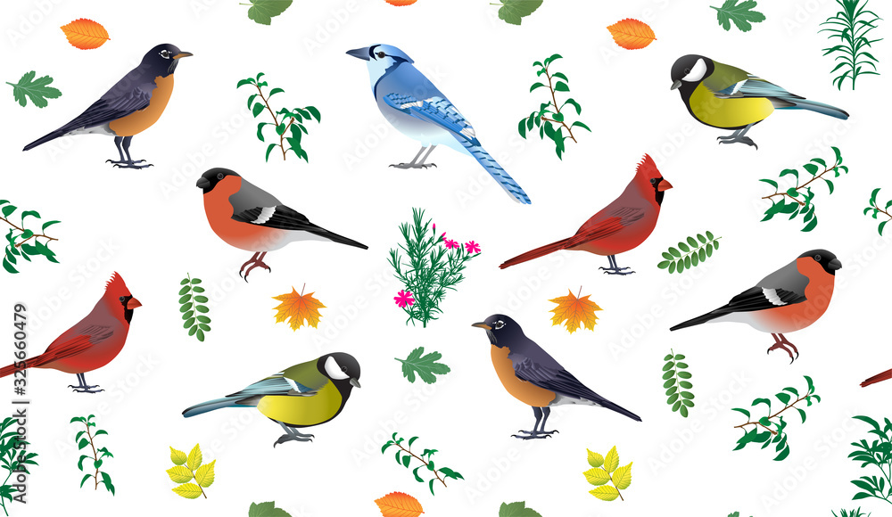 Seamless pattern with birds and leaves in colour image