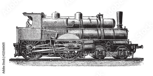 Old locomotive / vintage illustration from Brockhaus Konversations-Lexikon 1908
