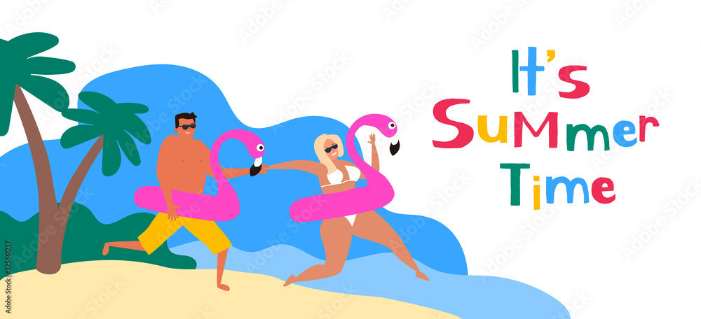 summer time happy couple on tropical beach with inflatable flamingo vector illustration
