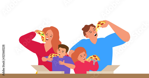 happy family eating a tasty pizza slices vector illustration