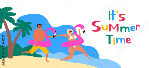 summer time happy couple on tropical beach with inflatable flamingo vector illustration