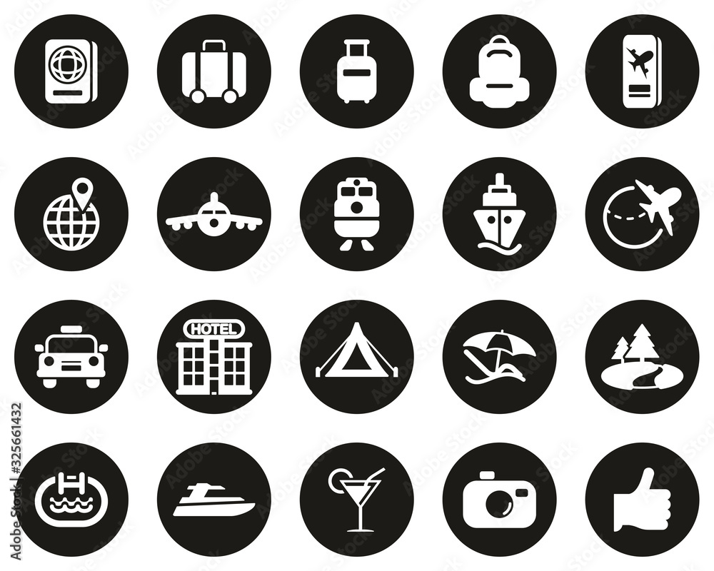 Travel Or Vacation Icons White On Black Flat Design Circle Set Big Travel Or Vacation Icons White On Black Flat Design Circle Set Big
