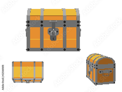 Pixelated Closed treasure vintage wooden chest set. Pixel Art. 3d Vector illustration. Different viewes. Isolated on white background.
