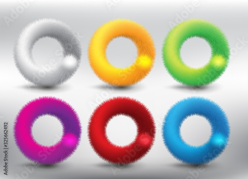 Collection of 6 colorful fluffy vector circles. Round furry frames. Realistic and isolated on the light panel. Vector illustration. Eps10.