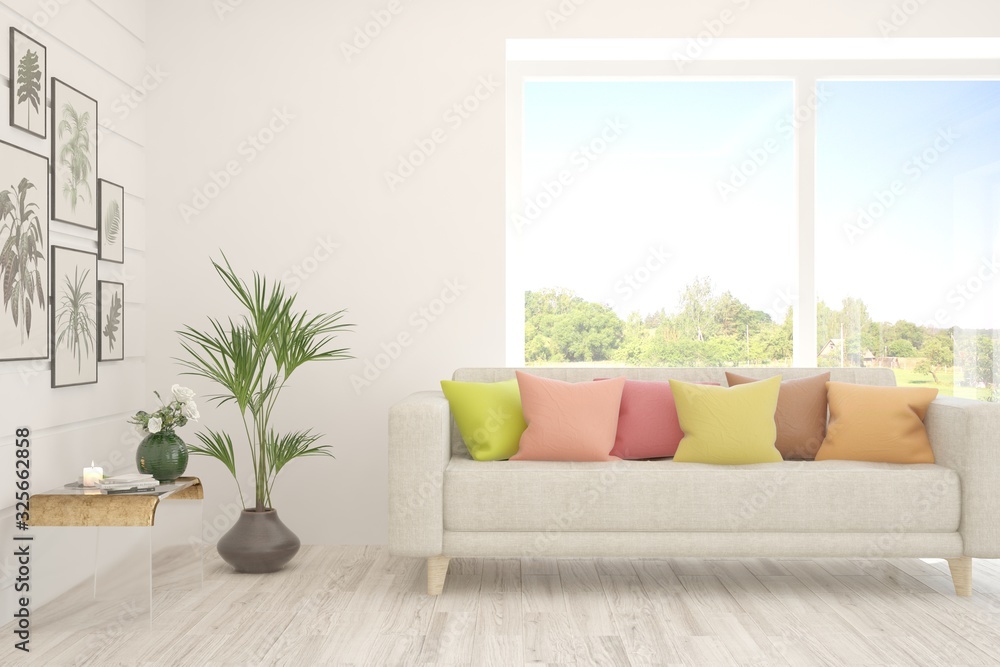 Plakat Minimalist living room in white color with sofa and summer landscape in window. Scandinavian interior design. 3D illustration