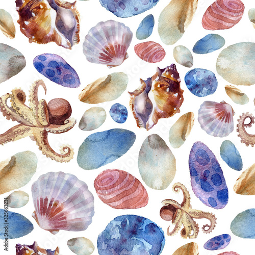 Watercolor illustration, pattern. Sea pattern, shells, sea stones, octopus. White background,