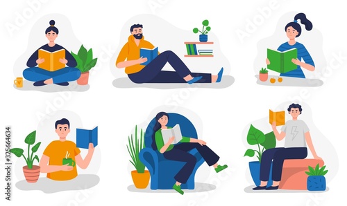 People reading books in different places. Set of Vector illustration in modern flat style can be used by libraries, book fairs, stores, schools or e-commerce.