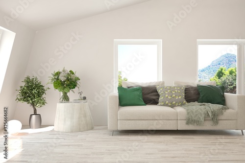 Minimalist living room in white color with sofa and summer landscape in window. Scandinavian interior design. 3D illustration