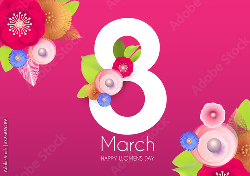 8 march, international women s day poster template with flowers. Spring design.