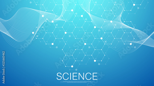 Scientific molecule background for medicine, science, technology, chemistry. Science template wallpaper or banner with a DNA molecules. Dynamic wave flow DNA. Molecular vector illustration.