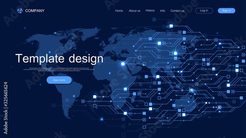 Landing page tech background with abstract circuit board textures. Geometric abstract background with lines circuit board . Website template design. Vector illustration.