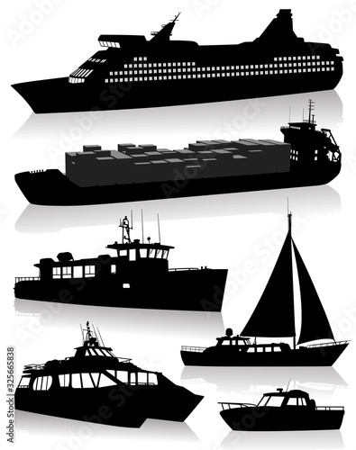 Silhouettes of boats of different types and sizes with details