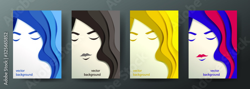 Vector portrait of young beautiful women with long hair. Modern digital paper layered art. Origami style. Beauty and fashion concept - Vector illustration.
