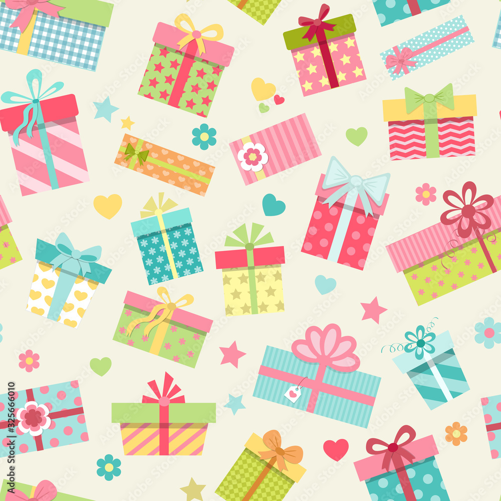 Seamless pattern with cute colorful gift boxes. Wrapping paper design. Vector illustration in cartoon style Seamless pattern with cute colorful gift boxes. Wrapping paper design. Vector illustration in cartoon style