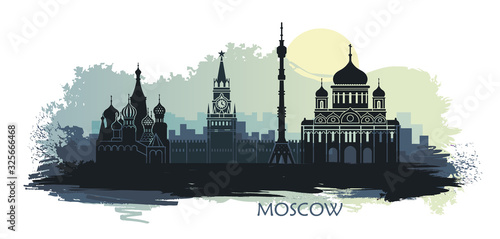 Abstract landscape of Moscow with sights at sunset with spots and splashes of paint